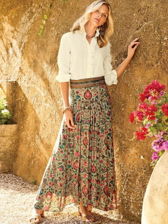 Peruvian Connection Dresses & Skirts - Peruvian Connection Jaipur Floral Maxi-Skirt Boho Chic Cottagecore Green - 10